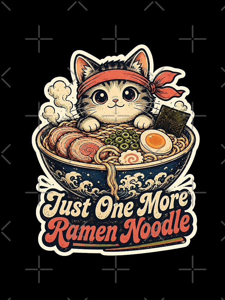Just One More Ramen Noodle Kawaii Cat Vintage Art by Retro Rascals Co.