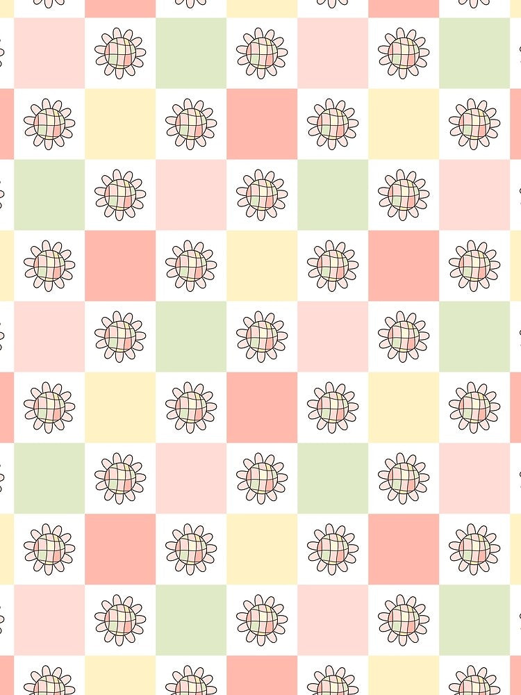 Retro Flower Power Pattern -  Colorful Checkered Background by Julza Art