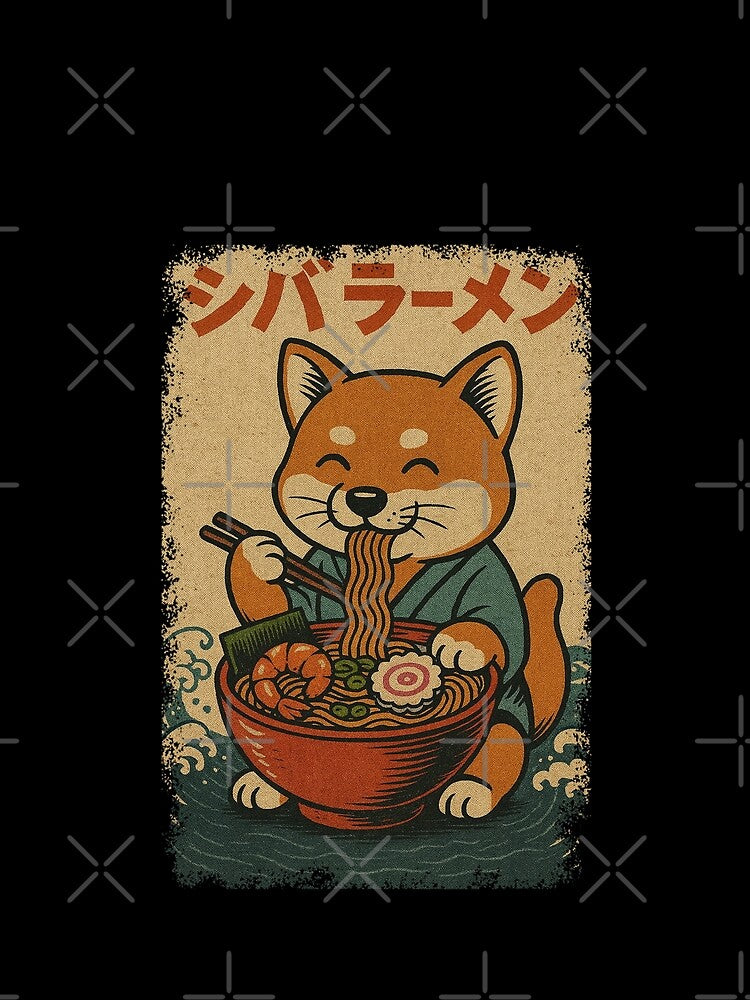 Shiba Eating Ramen And Wearing Yukata Waves Japanese Style Retro Art by Damcoc