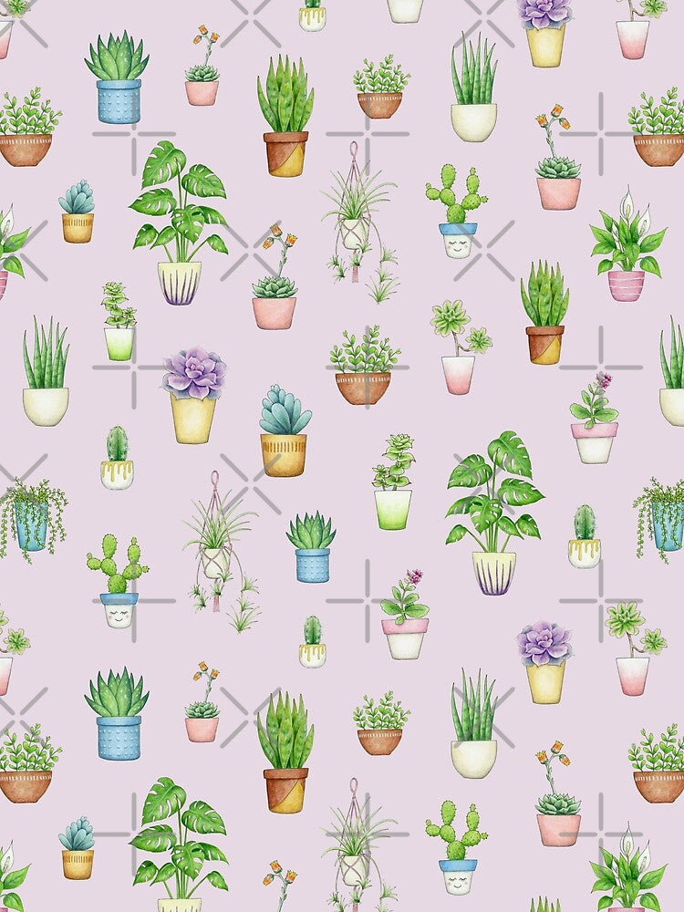 Succulents and Houseplants on pastel mauve - repeat pattern by HazelFisher