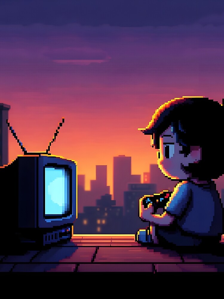 Pixel Rooftop Gamer Chill - Retro Dusk Cityscape Art Print by ThePixelArchive