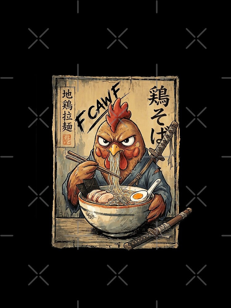 Samurai Chicken Eating Ramen - F Caw F Rooster Japanese Warrior Art by Bongocomic