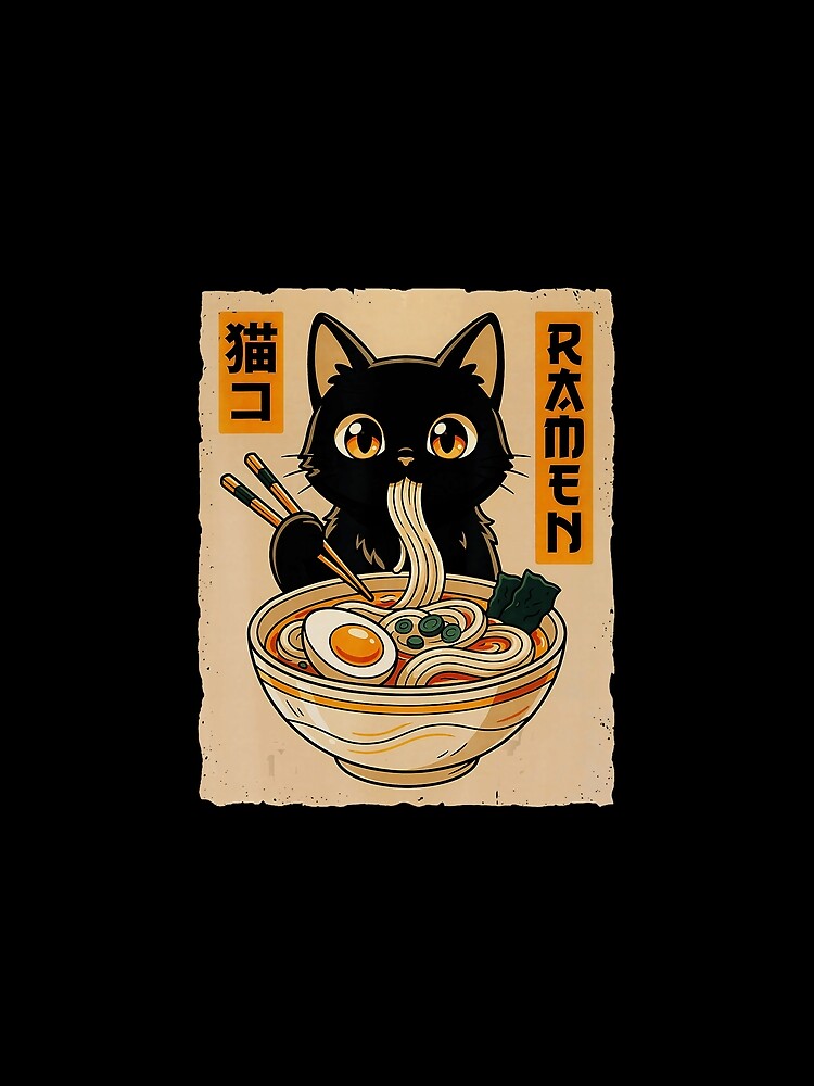 Black Cat Eating Ramen Cute Japanese Retro Style by titanlevi