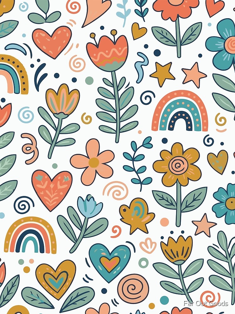 Groovy Retro Floral Pattern with Ditsy Rainbows and Hearts by Far Out Goods