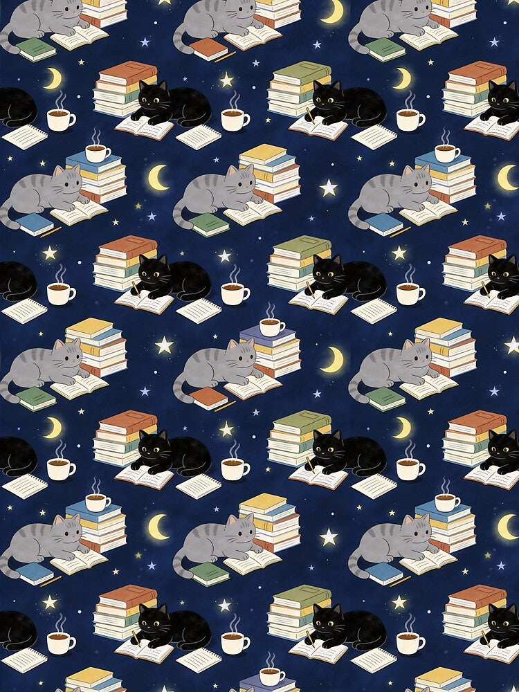 Title: Midnight Library Cats Seamless Pattern - Cozy Nighttime Writing & Reading - Dark Academia Aesthetic by HappySproutArt