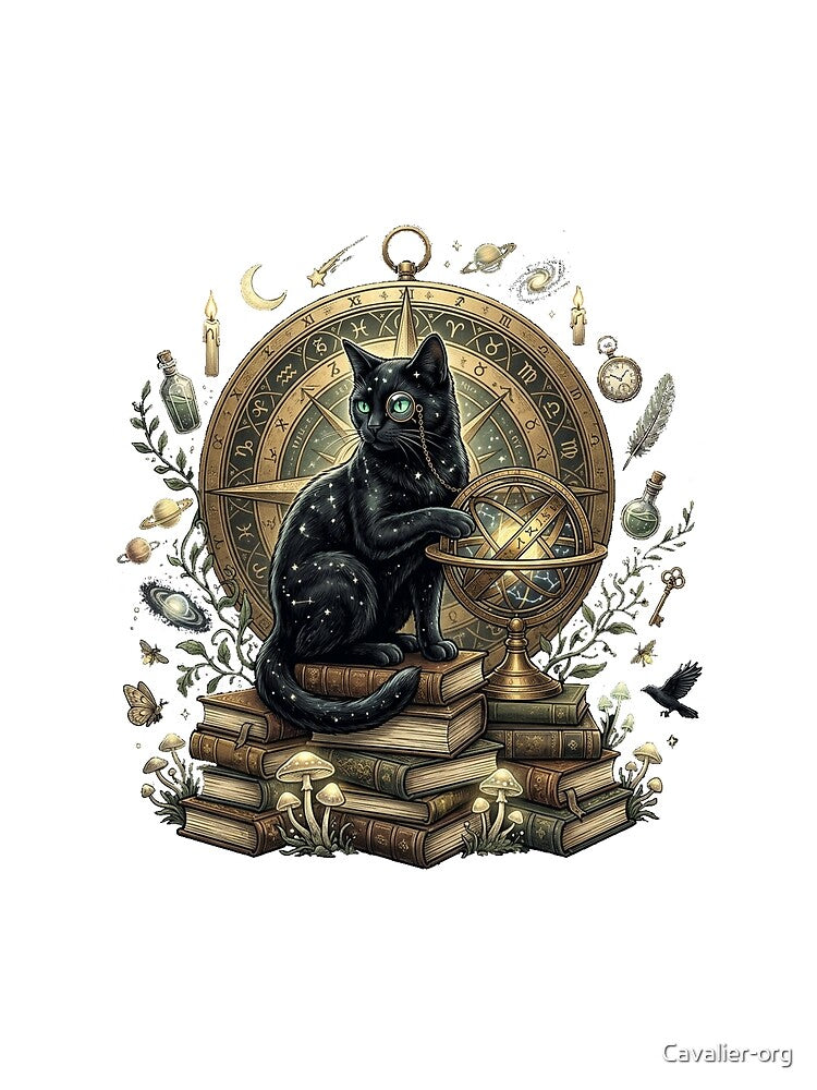 Celestial Black Cat Astronomer T-Shirt | Dark Academia Botanical Graphic Tee | Vintage Alchemy Moon Shirt | Mystical Gothic Cat Gift by Cavalier-org