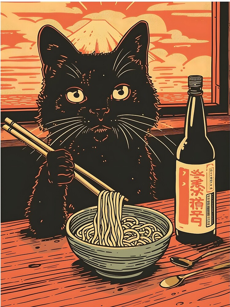 Fifties Mid Century Black Cat Eating Noodles At Japanese Noodle Shop by scooterbaby