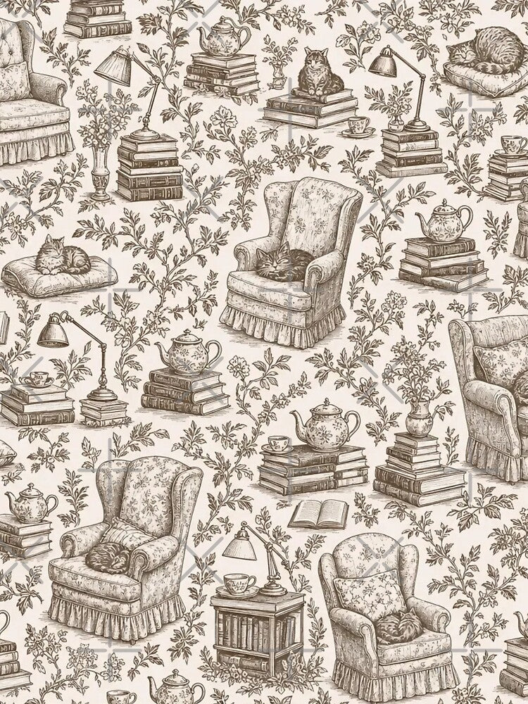 Cozy Reading Nook Toile Seamless Pattern | Vintage Cozy Reading Toile Repeat by StickyGuys