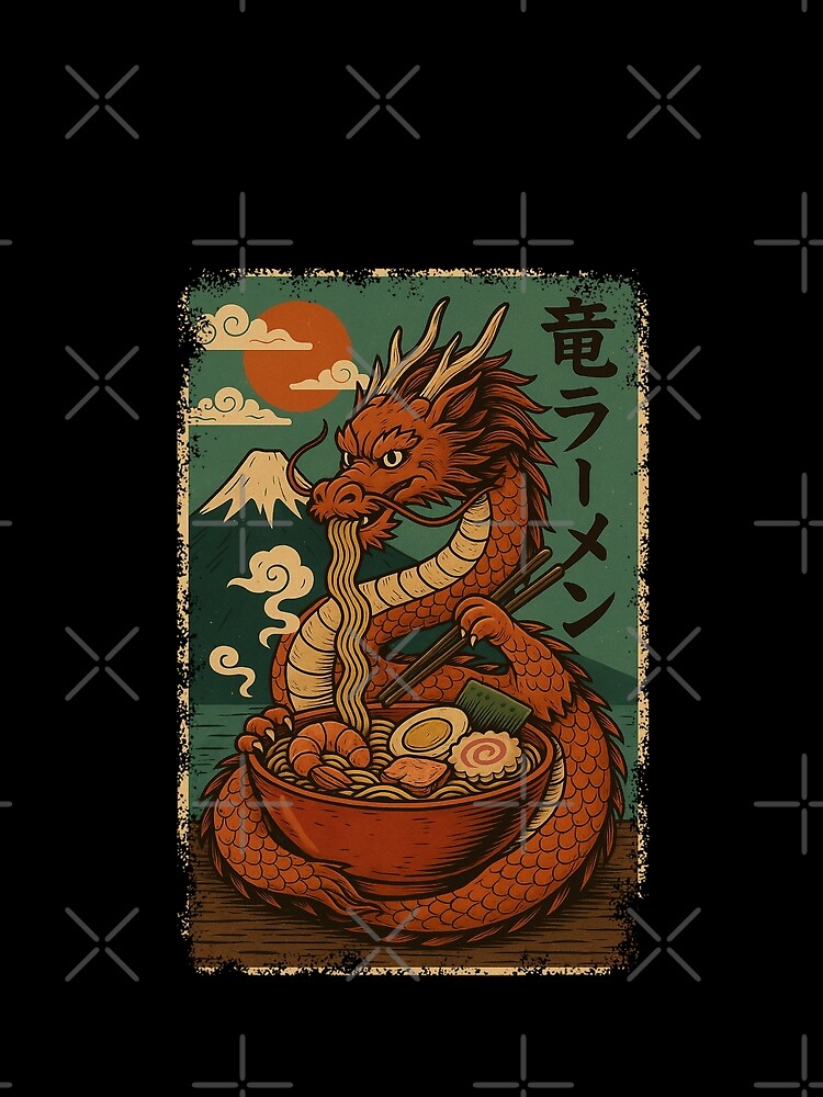 Fire Dragon Ramen at Mount Fuji Fierce Retro Japanese Artwork by Damcoc