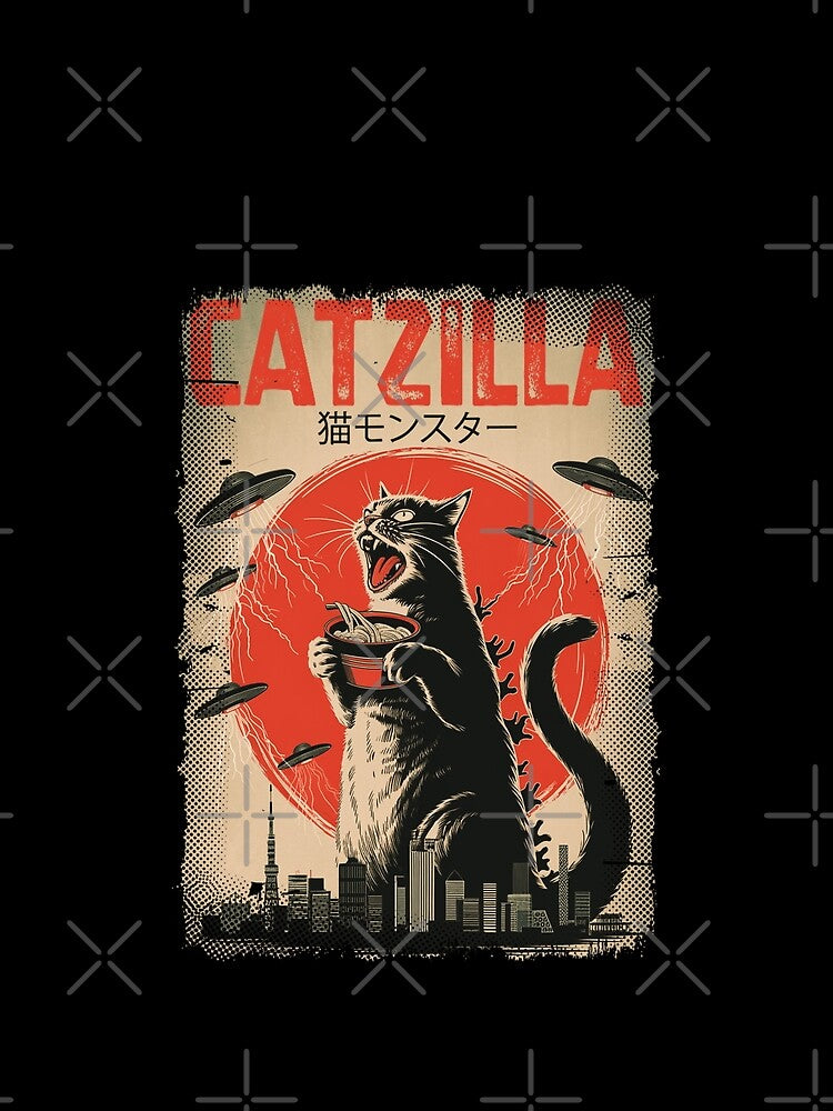 Catzilla Invasion Giant Cat & UFOs Retro Tokyo Ramen Design by Damcoc