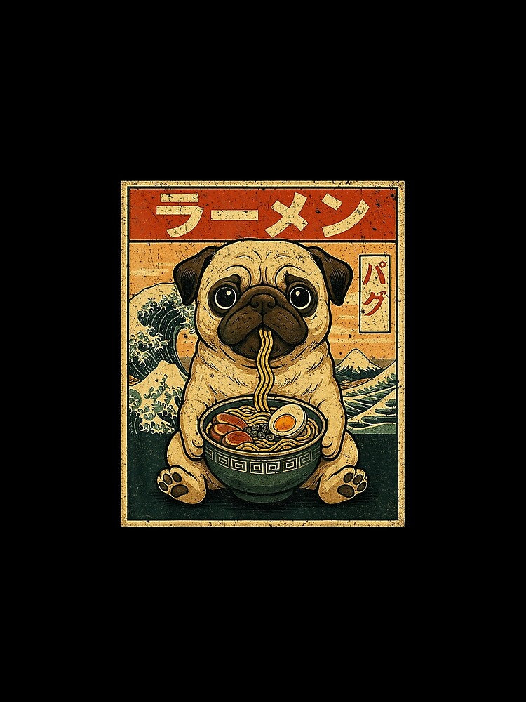 Pug Eating Ramen Cute Japanese Style Funny Dog Illustration by titanlevi