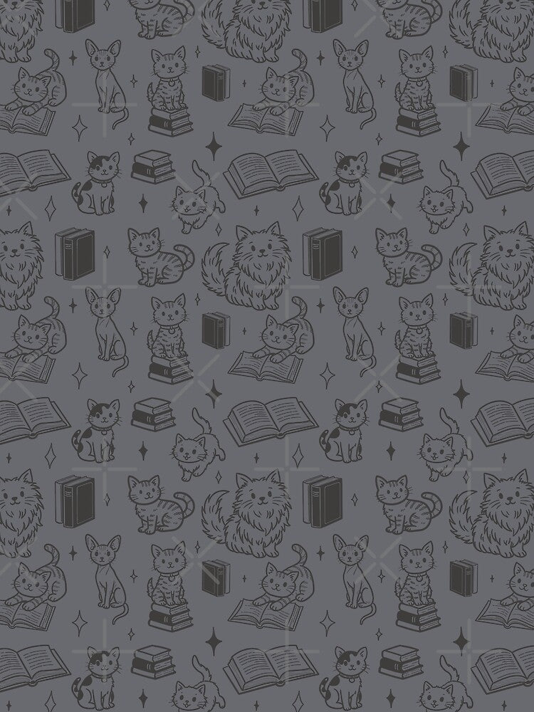 Cute Cats and Books Doodle Seamless Pattern for Book Lovers in Grey by WildLakePatterns