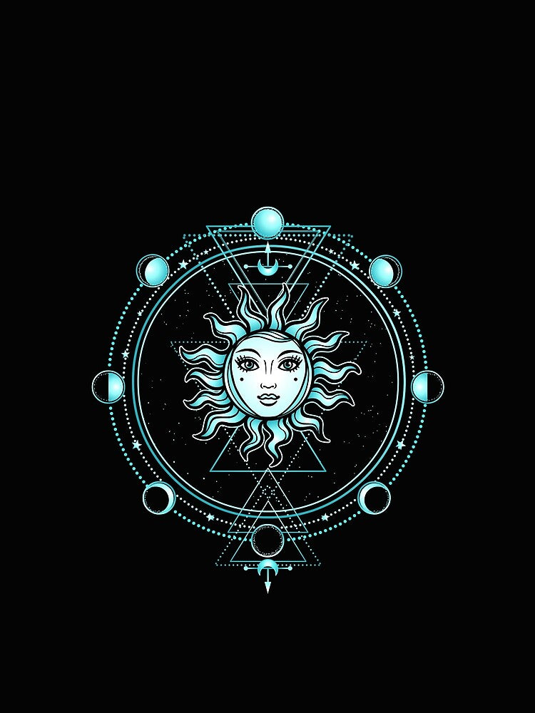 Mystical drawing: the sun with a human face, sacred geometry, phases of the moon. Esoteric, mysticism, occultism. by YanaZvereva