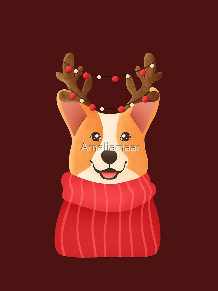 Corgi wearing Christmas Sweater and Raindeer Horns by Ameliamaar