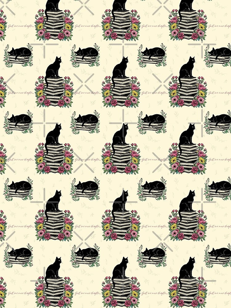 Just One More Chapter – Cats on Books Floral Seamless Pattern by WildLakePatterns