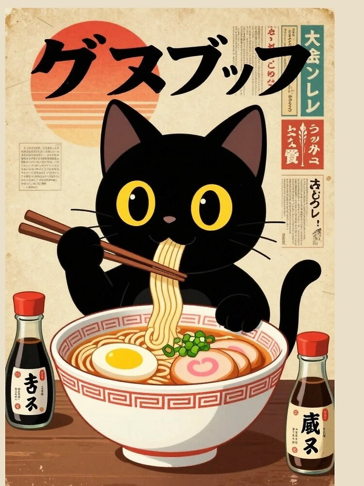 Vintage Black Cat Eating Ramen Poster – Kawaii Japanese Noodle Art Graphic by BLUESKY11a