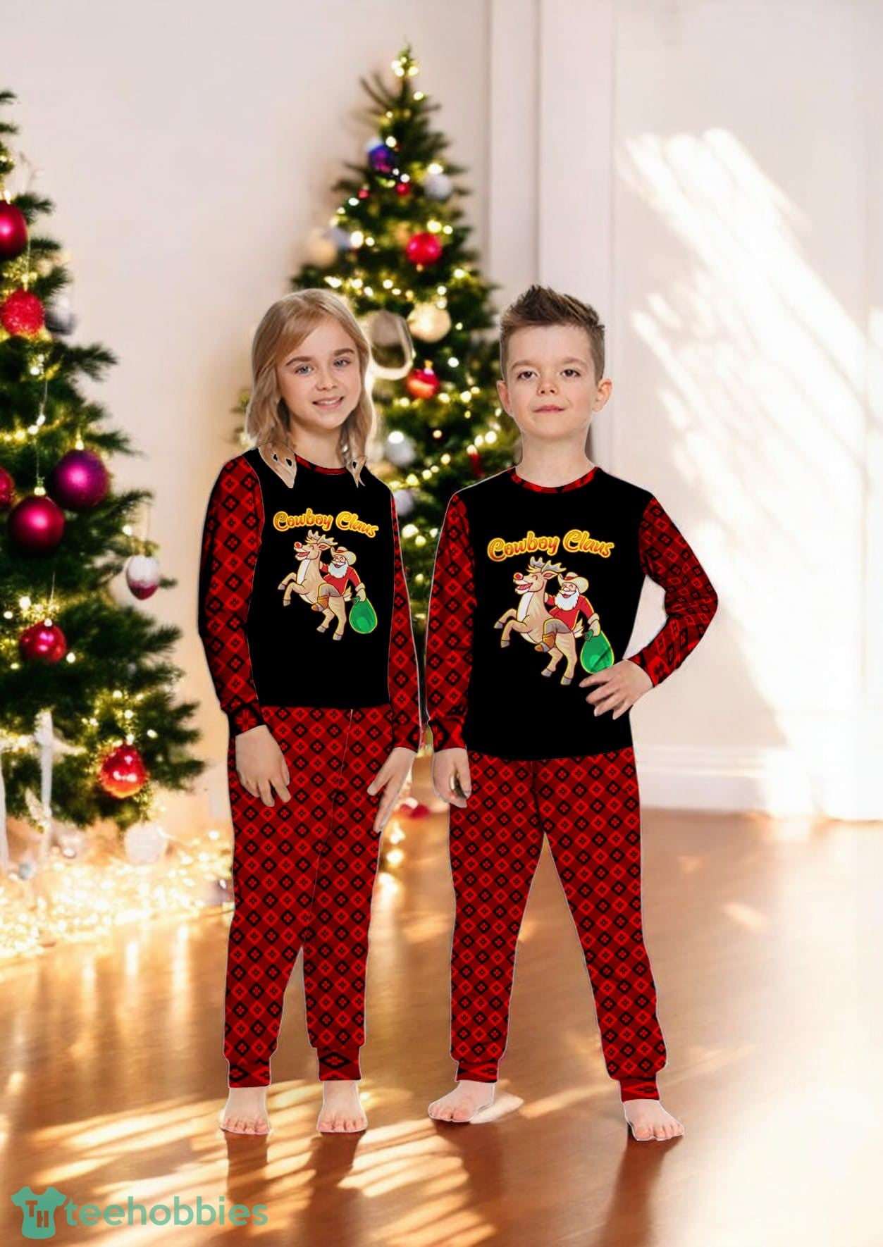 Funny Santa Claus Riding A Reindeer Family Matching Pajama Set