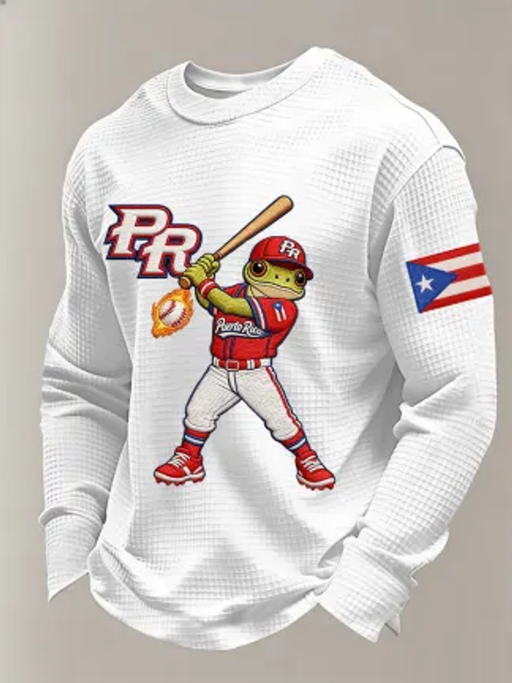 Men's Puerto Rico Baseball Print Waffle Long Sleeve Sweatshirt