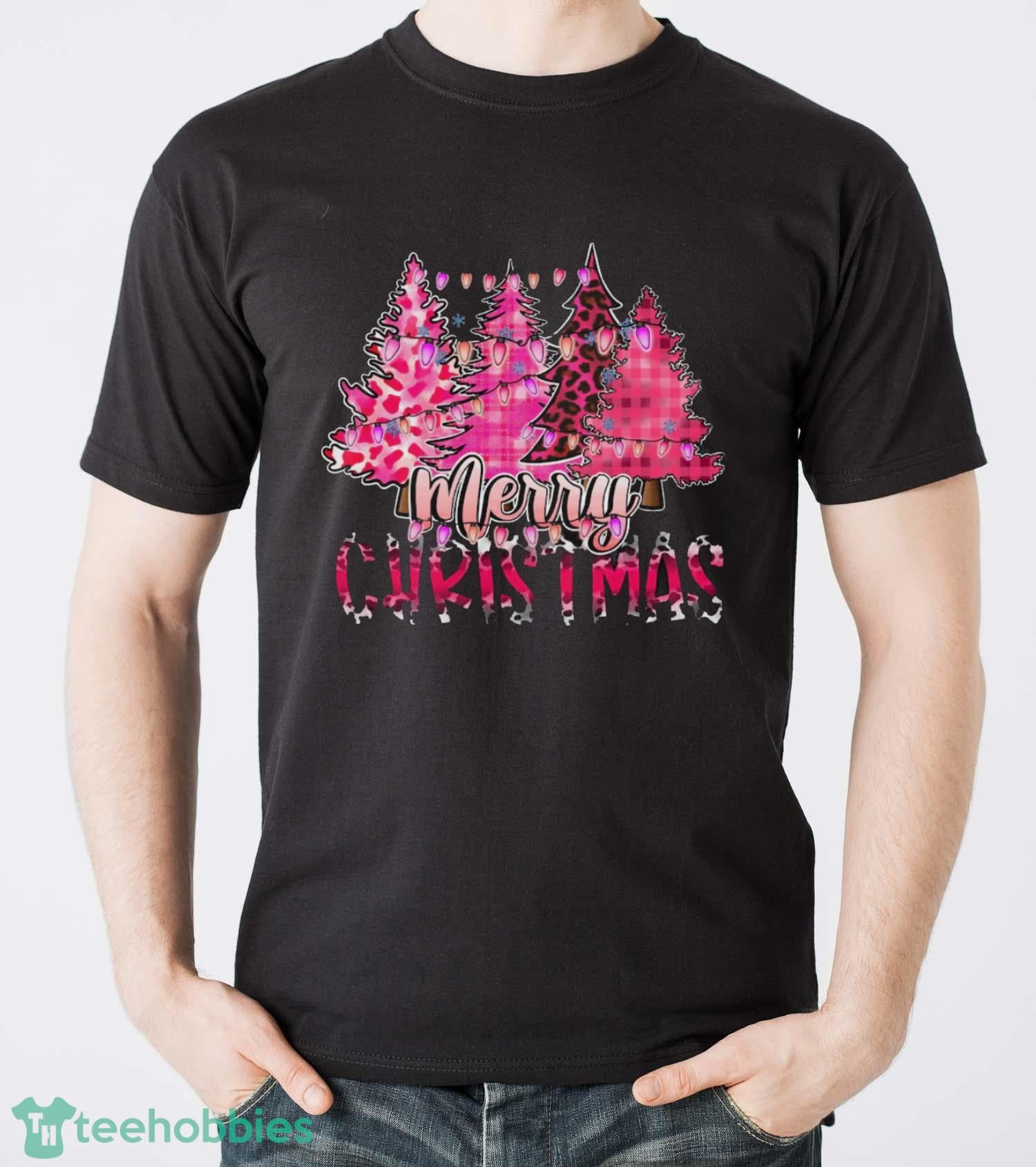 Merry Christmas Pink Christmas Trees Shirt, Christmas Shirt, Leopard Print Christmas Shirt