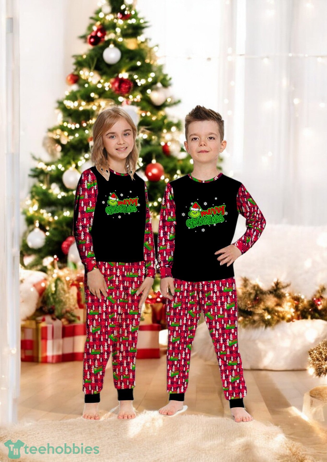 Merry Grinchmas The Grinch Christmas Plaid Pattern Family Matching Pajamas Set