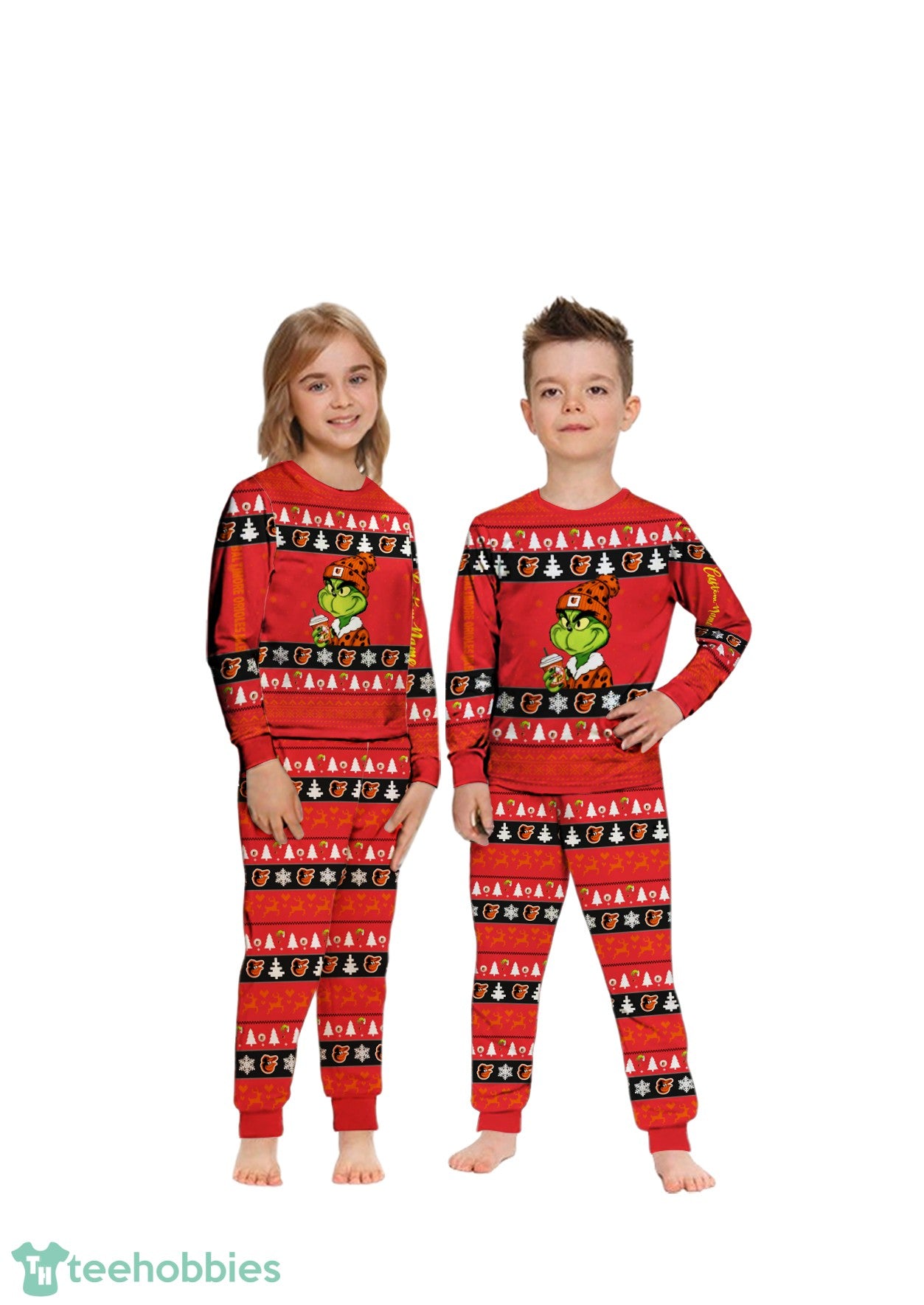 MLB Grinch Baltimore Orioles MLB Custom Name Christmas Knitting Pattern Matching Family Pajamas Set