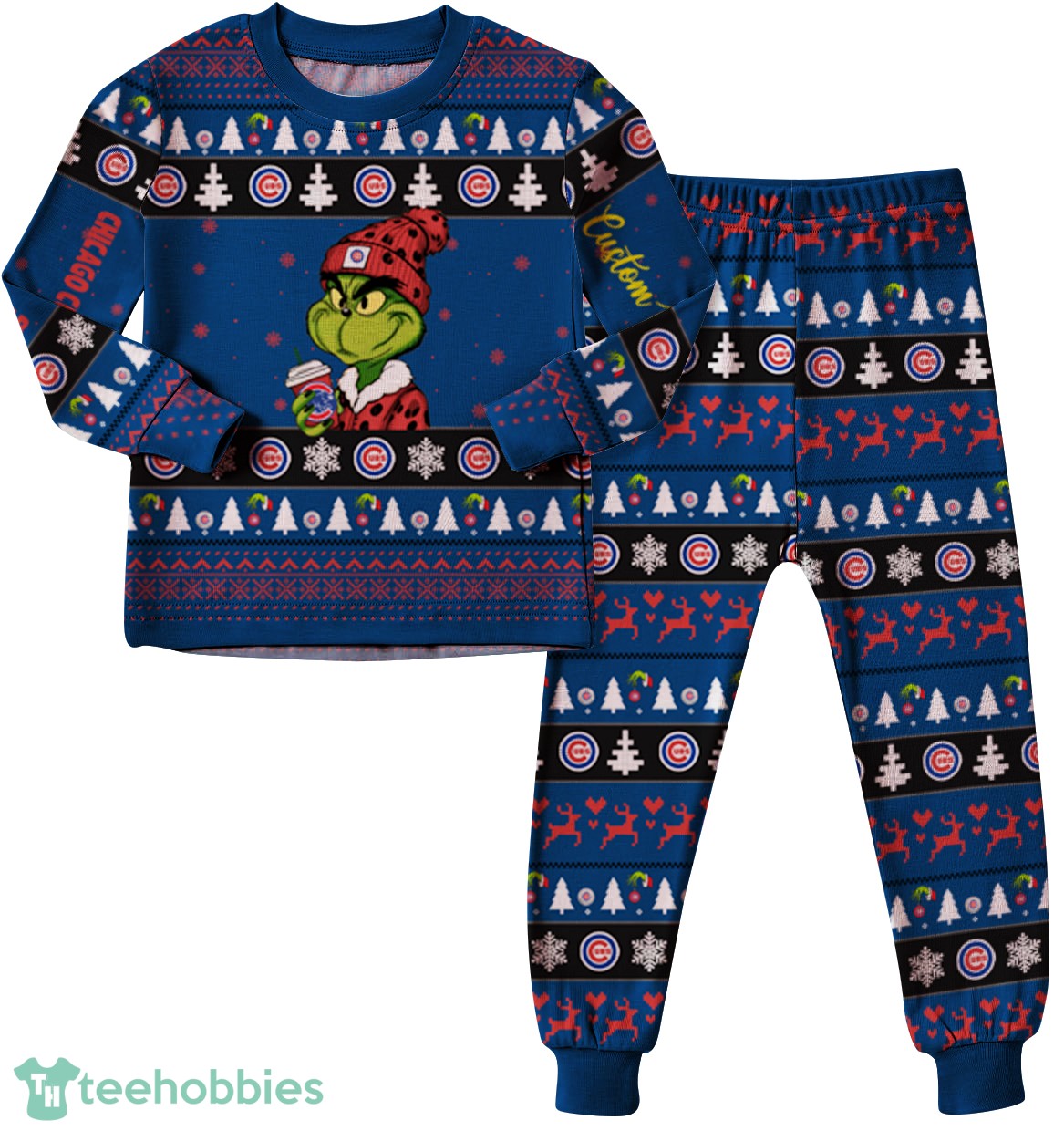 MLB Grinch Chicago Cubs MLB Custom Name Christmas Knitting Pattern Matching Family Pajamas Set