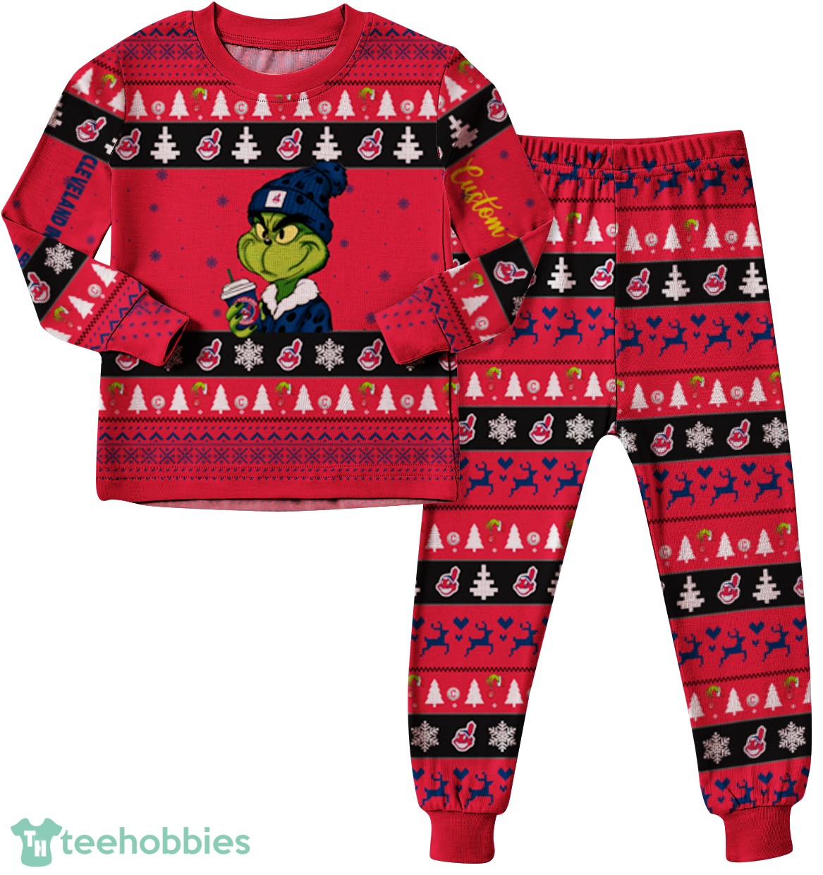 MLB Grinch Cleveland Indians MLB Custom Name Christmas Knitting Pattern Matching Family Pajamas Set