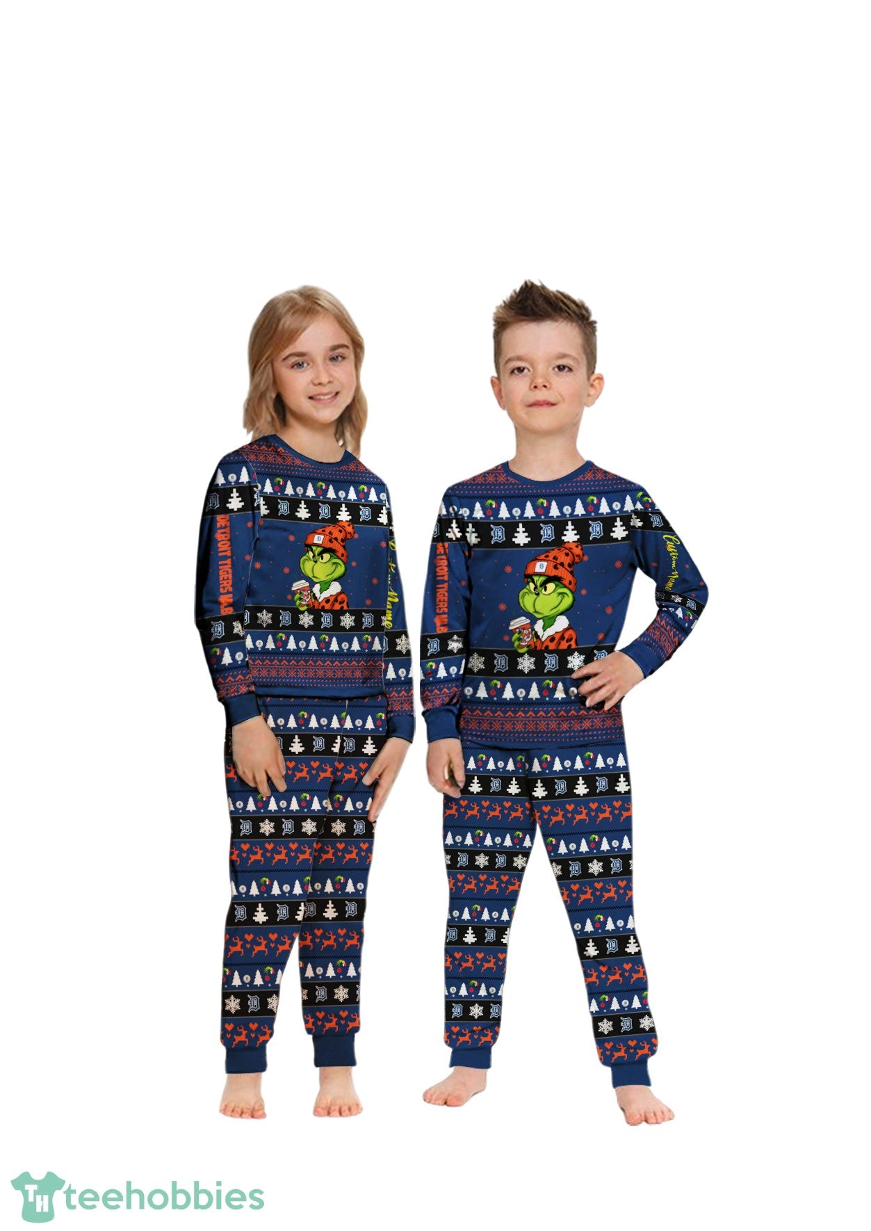 MLB Grinch Detroit Tigers MLB Custom Name Christmas Knitting Pattern Matching Family Pajamas Set