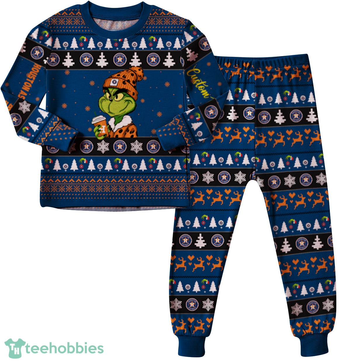 MLB Grinch Houston Astros MLB Custom Name Christmas Knitting Pattern Matching Family Pajamas Set