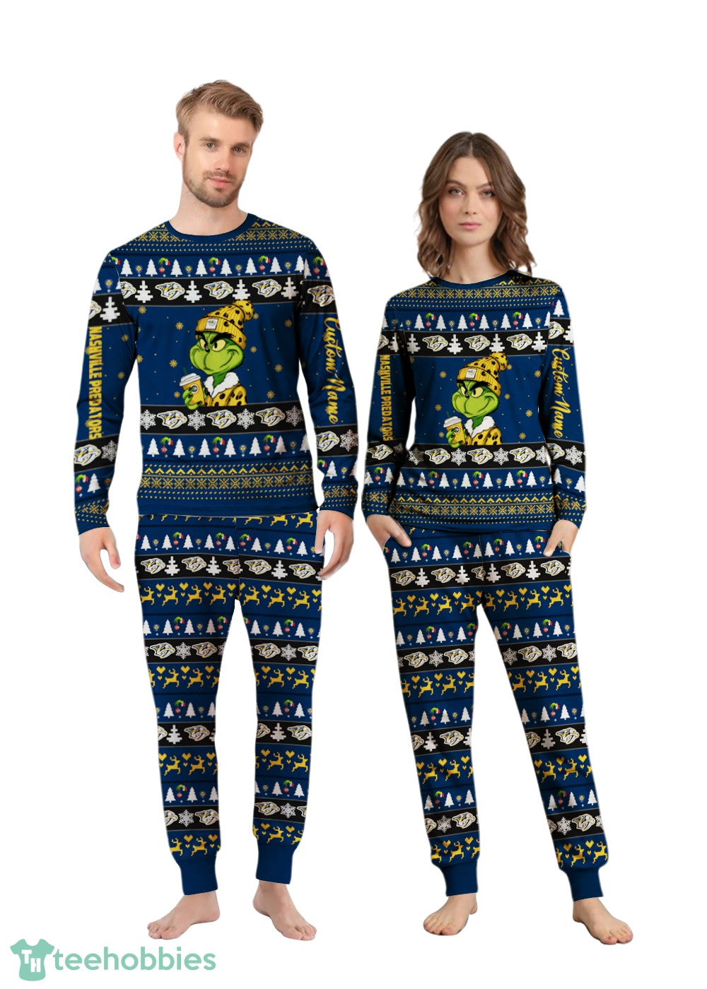 MLB Grinch Nashville Predators Custom Name Christmas Knitting Pattern Matching Family Pajamas Set
