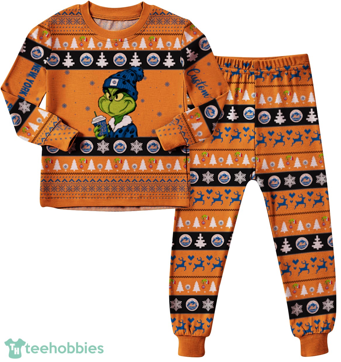 MLB Grinch New York Mets MLB Custom Name Christmas Knitting Pattern Matching Family Pajamas Set