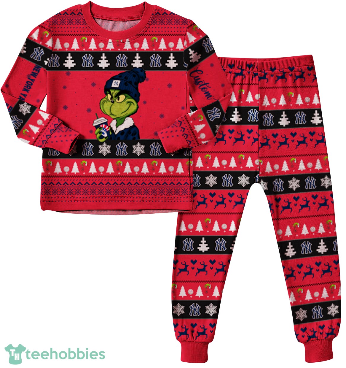 MLB Grinch New York Yankees MLB Custom Name Christmas Knitting Pattern Matching Family Pajamas Set