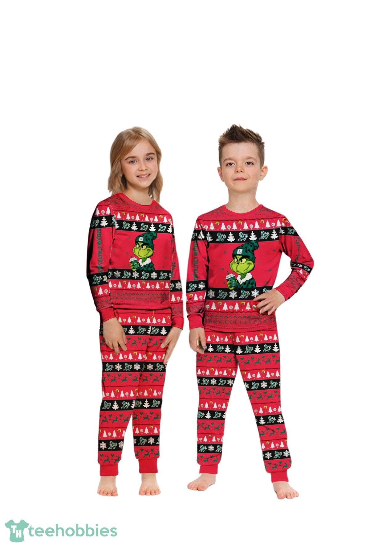 MLB Grinch Oakland Athletics MLB Custom Name Christmas Knitting Pattern Matching Family Pajamas Set