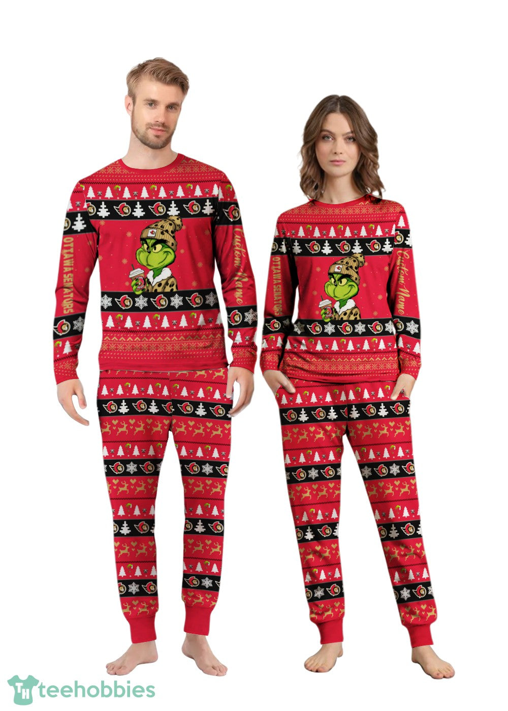 MLB Grinch Ottawa Senators Custom Name Christmas Knitting Pattern Matching Family Pajamas Set