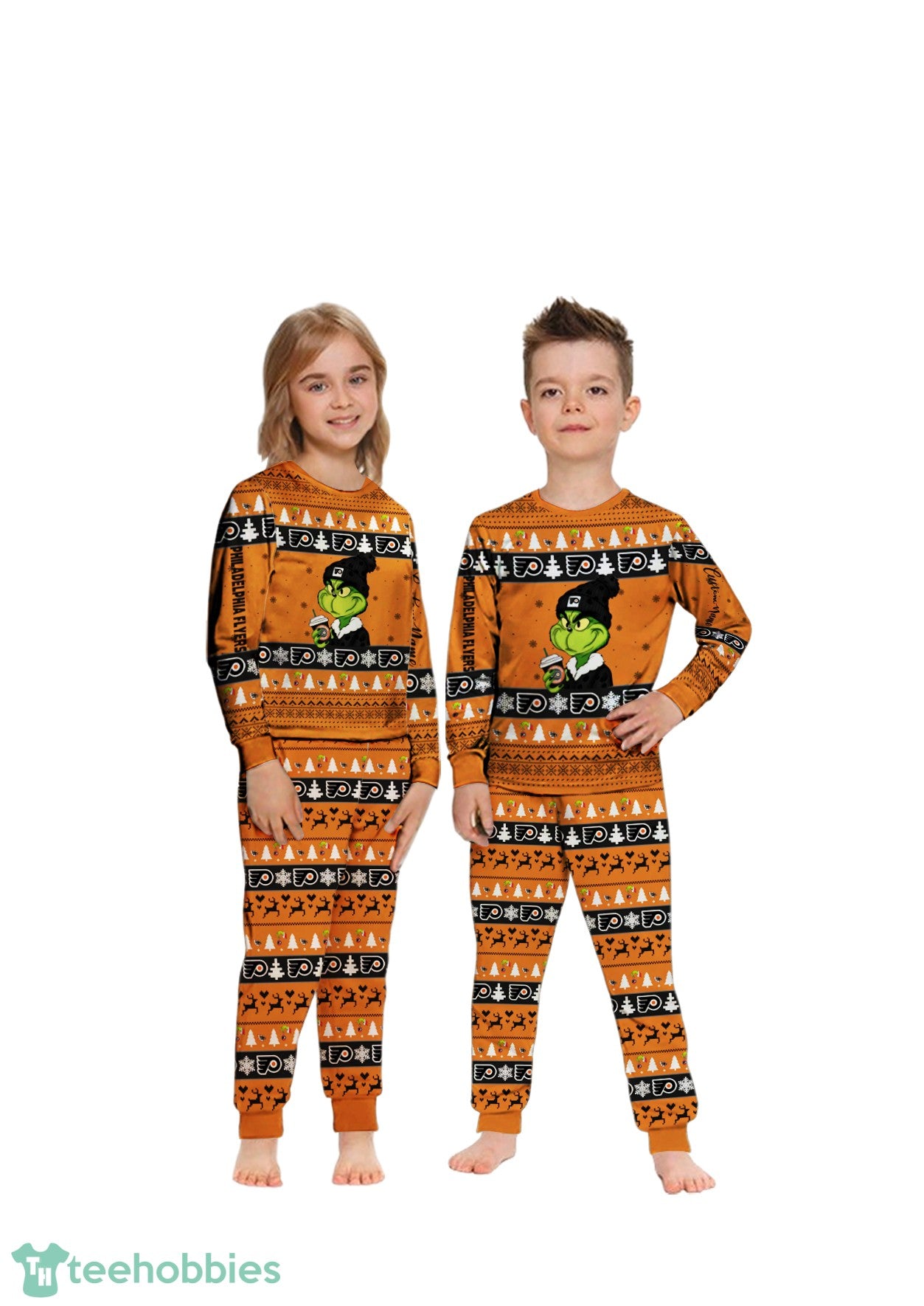 MLB Grinch Philadelphia Flyers Custom Name Christmas Knitting Pattern Matching Family Pajamas Set