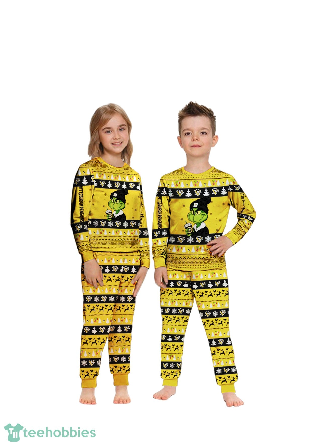 MLB Grinch Pittsburgh Penguins Custom Name Christmas Knitting Pattern Matching Family Pajamas Set