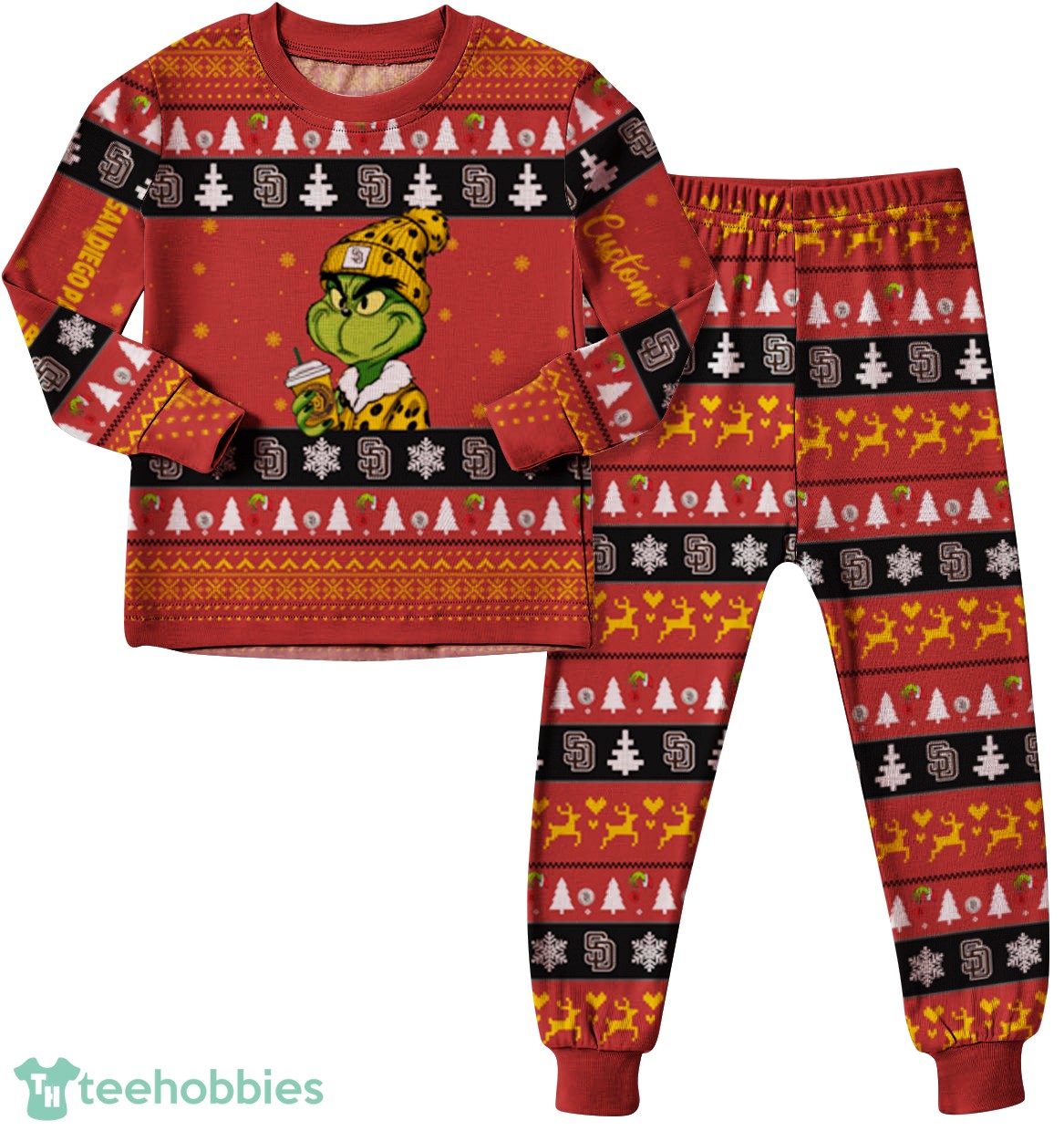 MLB Grinch San Diego Padres MLB Custom Name Christmas Knitting Pattern Matching Family Pajamas Set