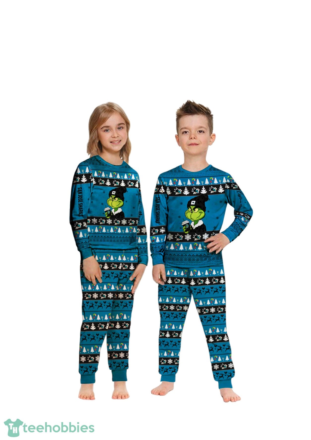 MLB Grinch San Jose Sharks Custom Name Christmas Knitting Pattern Matching Family Pajamas Set