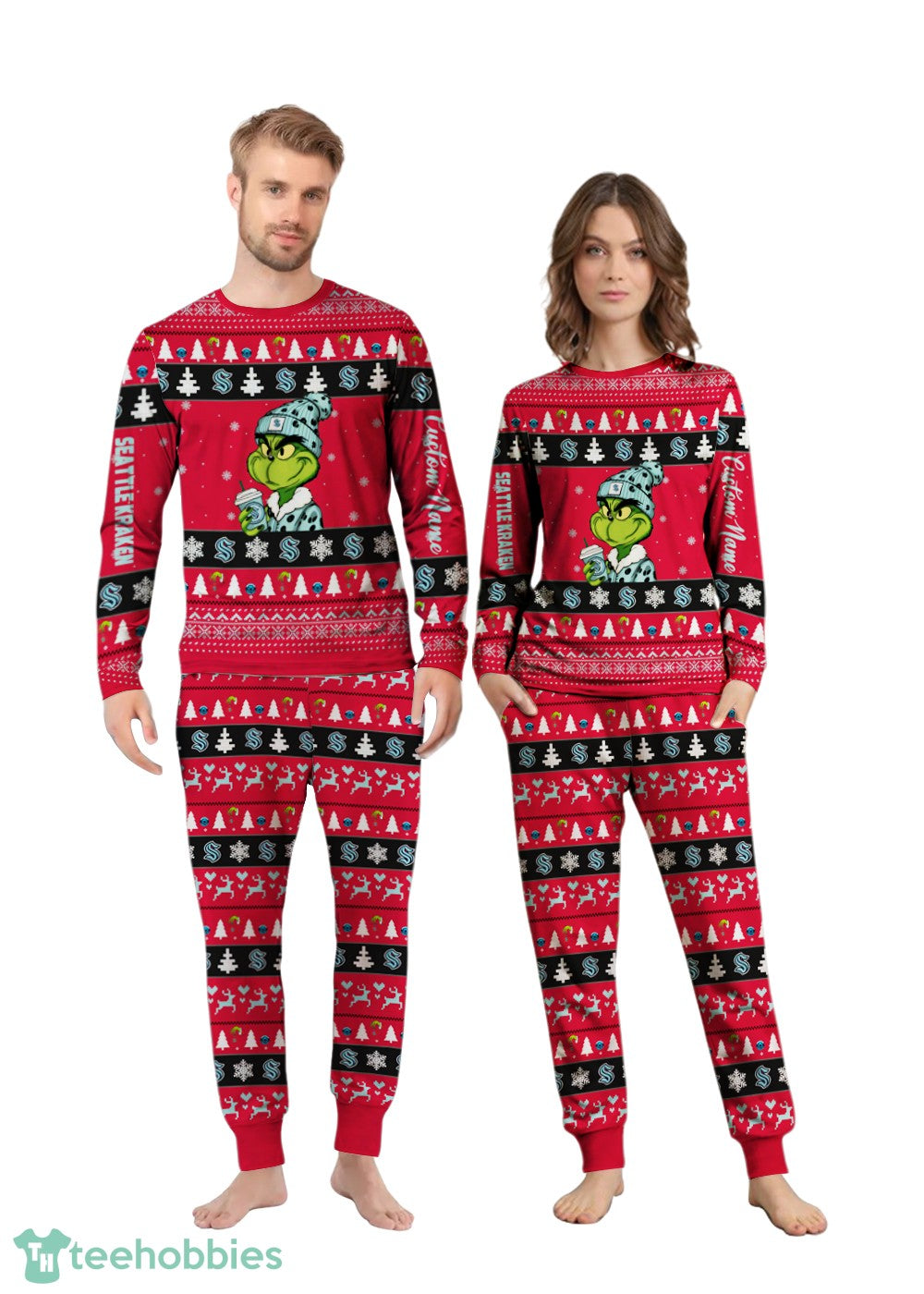 MLB Grinch Seattle Kraken Custom Name Christmas Knitting Pattern Matching Family Pajamas Set