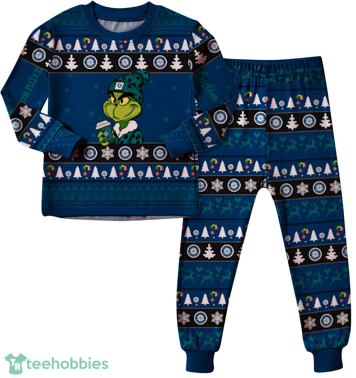 MLB Grinch Seattle Mariners MLB Custom Name Christmas Knitting Pattern Matching Family Pajamas Set