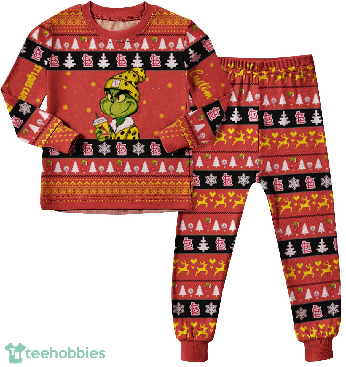 MLB Grinch St Louis Cardinals MLB Custom Name Christmas Knitting Pattern Matching Family Pajamas Set
