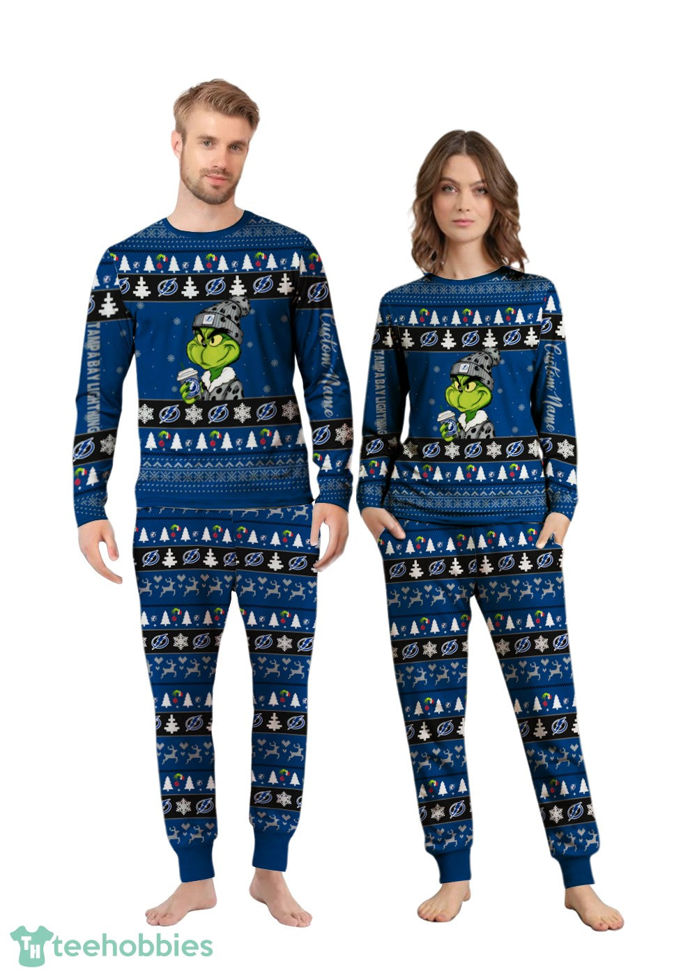 MLB Grinch Tampa Bay Lightning Custom Name Christmas Knitting Pattern Matching Family Pajamas Set