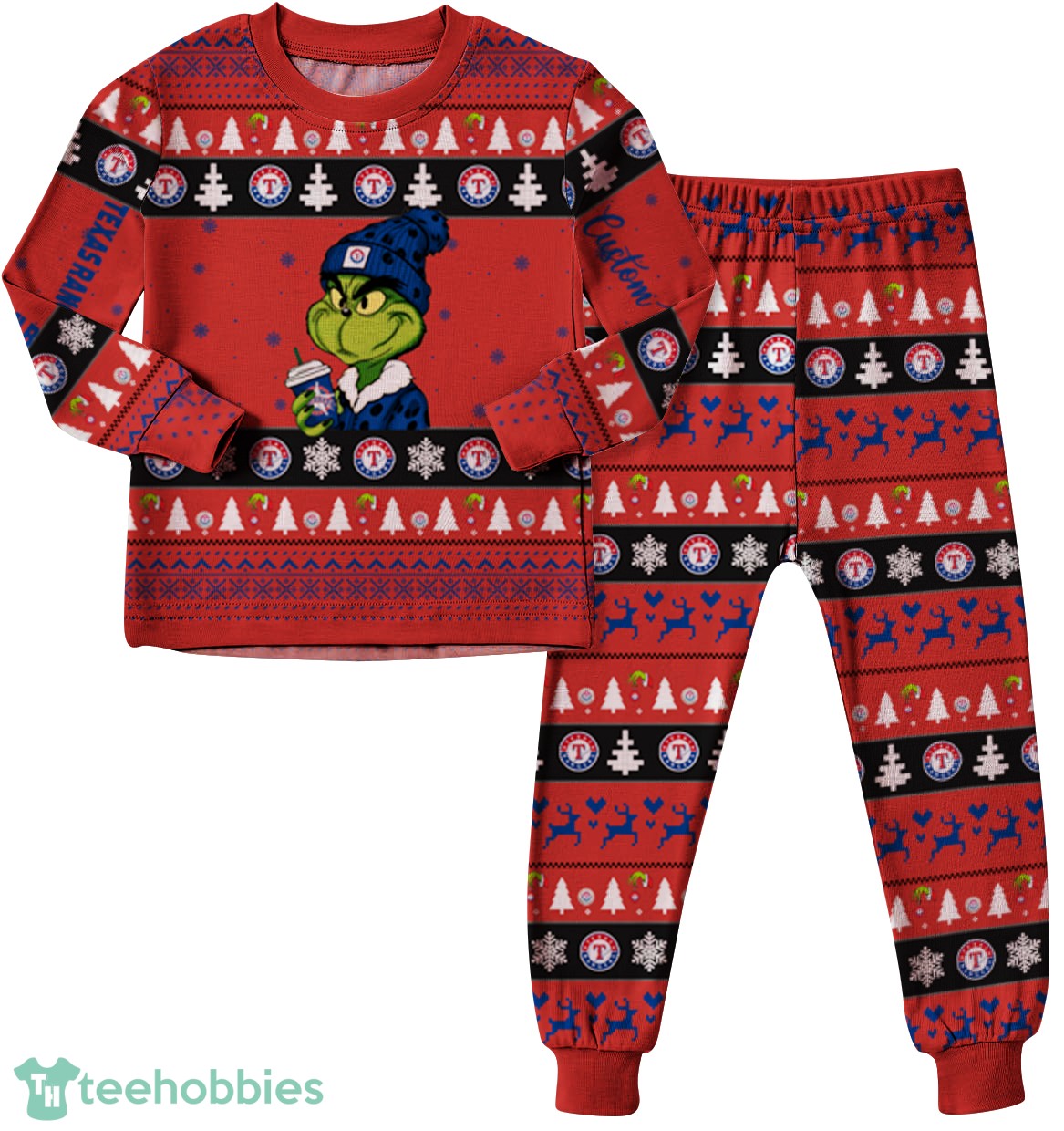 MLB Grinch Texas Rangers MLB Custom Name Christmas Knitting Pattern Matching Family Pajamas Set