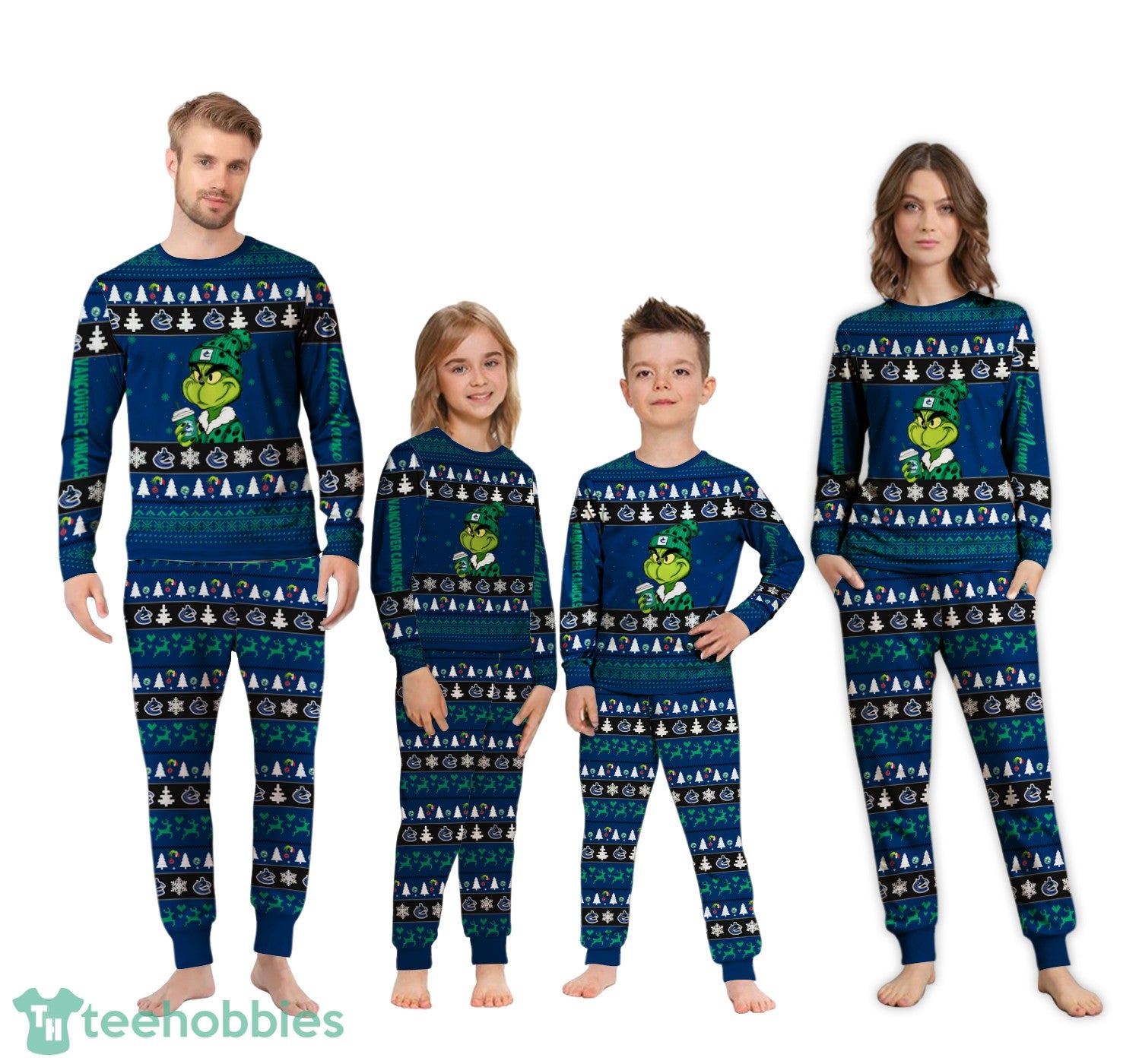 MLB Grinch Vancouver Canucks Custom Name Christmas Knitting Pattern Matching Family Pajamas Set