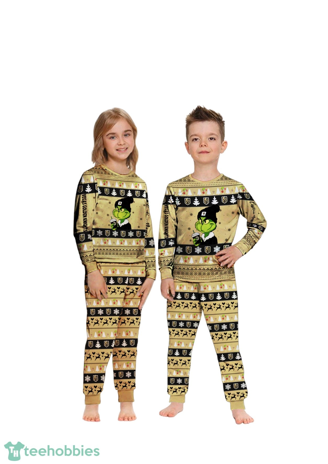 MLB Grinch Vegas Golden Knights Custom Name Christmas Knitting Pattern Matching Family Pajamas Set