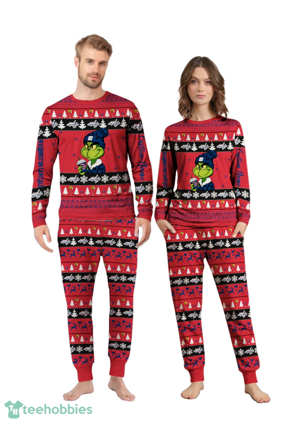 MLB Grinch Washington Capitals Custom Name Christmas Knitting Pattern Matching Family Pajamas Set