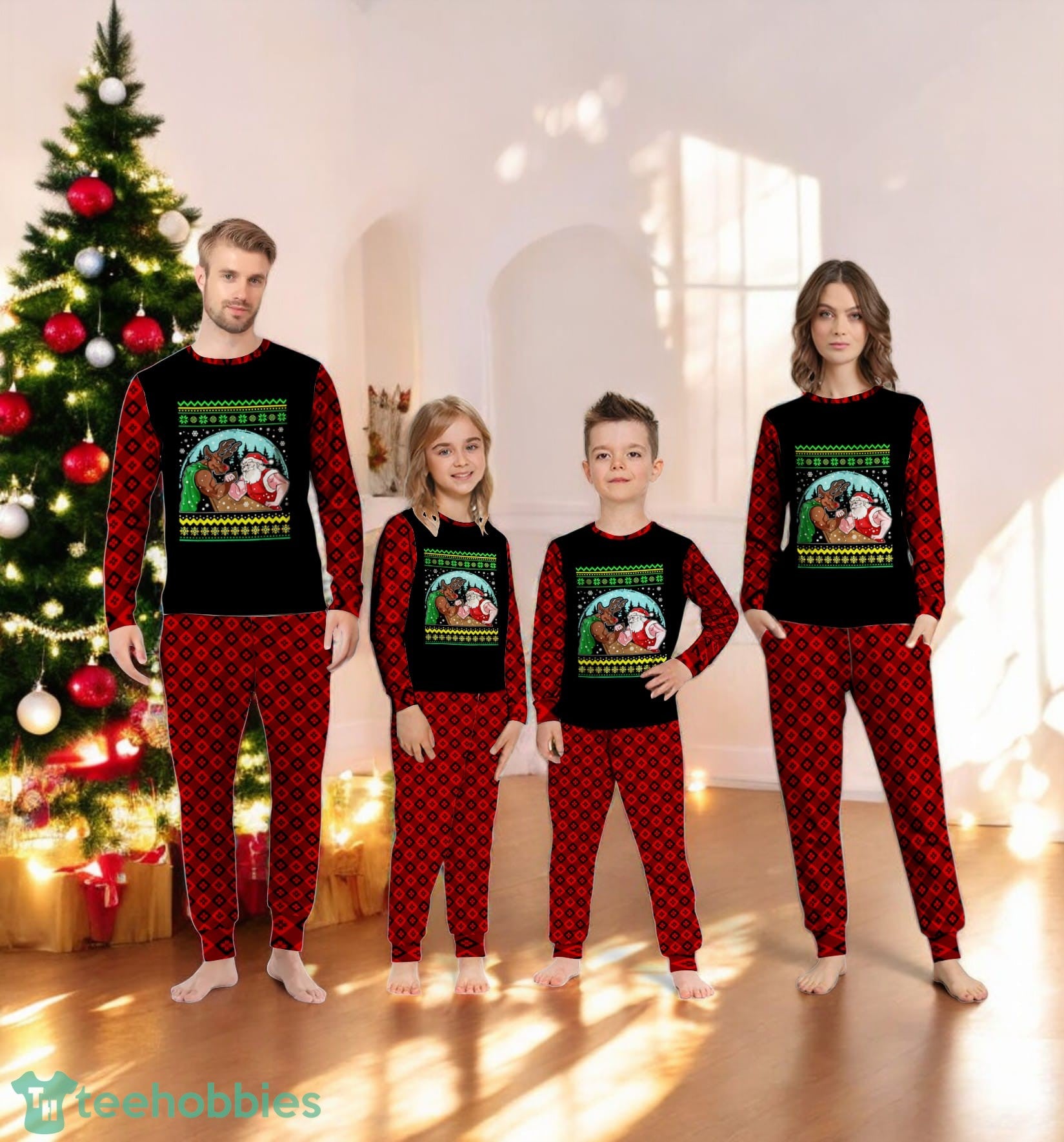 Muscle Santa Workout Christmas Santa Vs Reindeer Xmas Family Matching Pajama Set