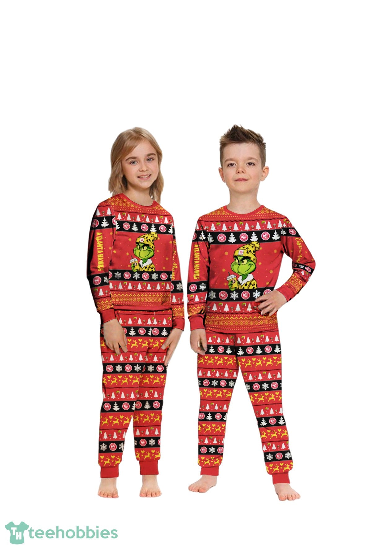 NBA Grinch Atlanta Hawks Custom Name Christmas Knitting Pattern Matching Family Pajamas Set