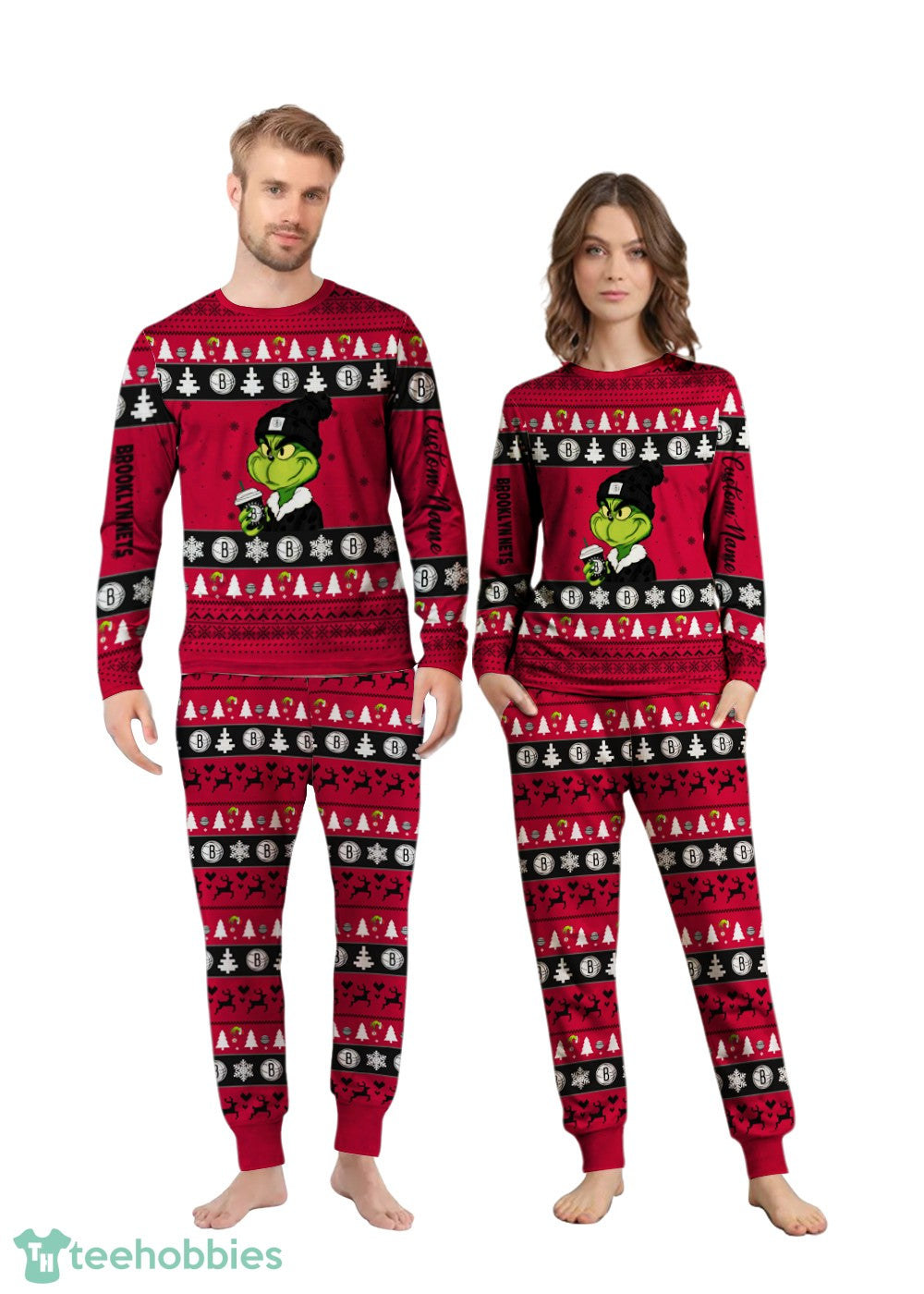 NBA Grinch Brooklyn Nets Custom Name Christmas Knitting Pattern Matching Family Pajamas Set