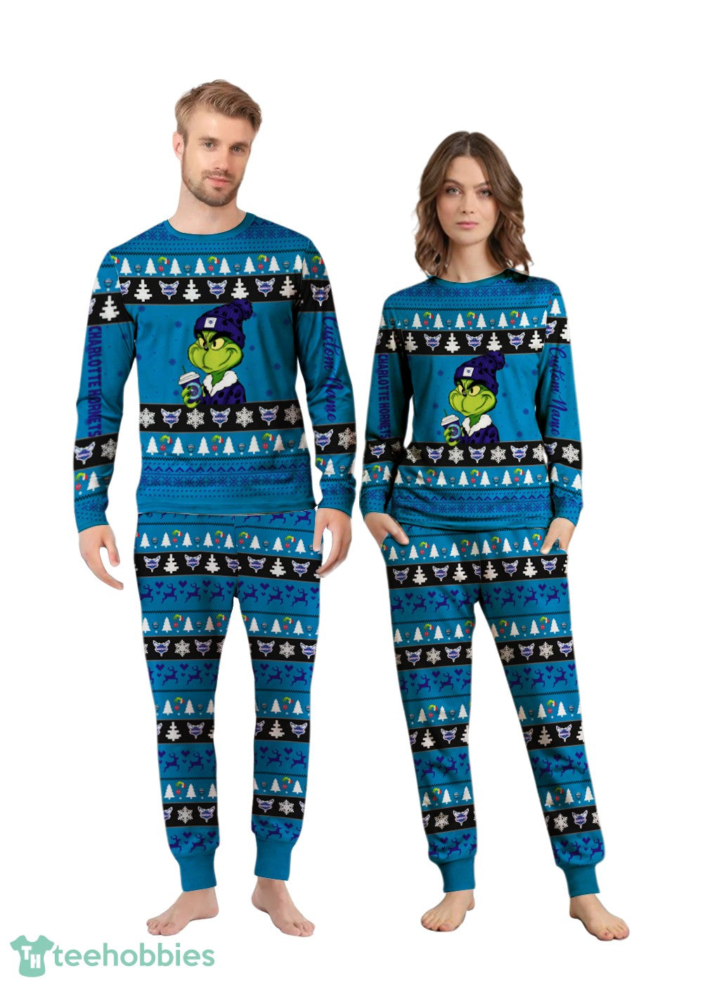 NBA Grinch Charlotte Hornets Custom Name Christmas Knitting Pattern Matching Family Pajamas Set
